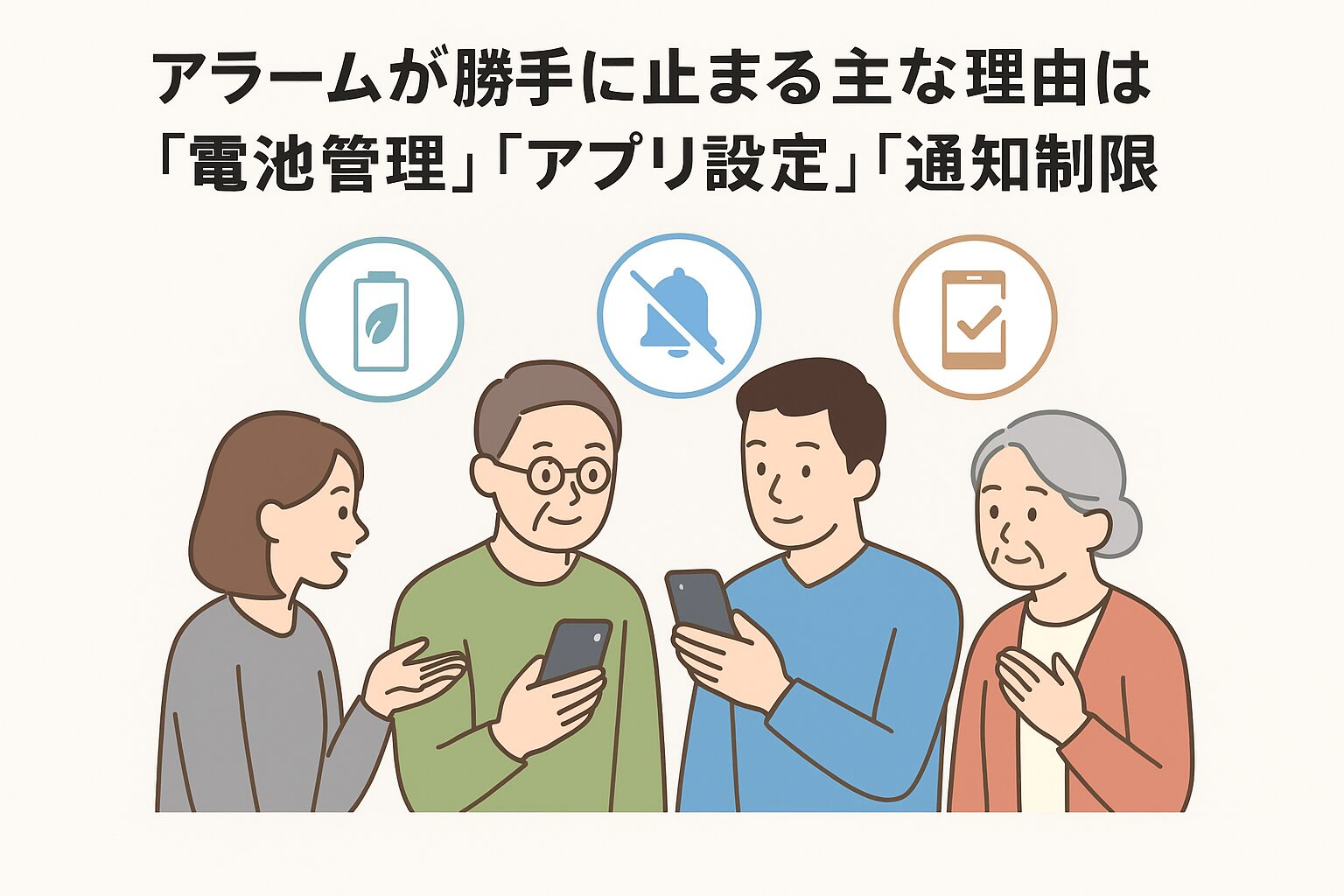アラームが勝手に止まる主な理由は「電池管理」「アプリ設定」「通知制限」